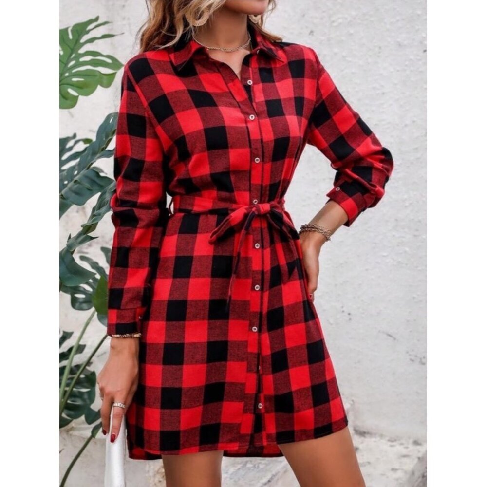 NWT Buffalo Plaid Belted Workwear Shirt Dress